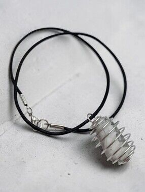 Handmade Howlite Stone Pendant in Silver Spiral Cage Necklace